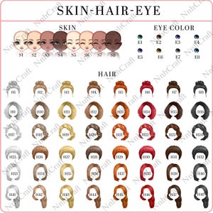May include: A chart displaying options for skin tones, hairstyles, and eye colors. The text "SKIN-HAIR-EYE" is at the top, with various illustrations of faces, hairstyles, and eye colors labeled with codes for customization.