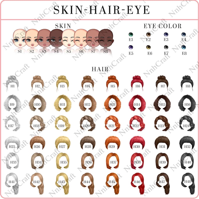 May include: A chart displaying options for skin tones, hairstyles, and eye colors. The text "SKIN-HAIR-EYE" is at the top, with various illustrations of faces, hairstyles, and eye colors labeled with codes for customization.