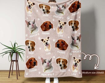 Aangepaste deken voor huisdiergezicht met naam, gepersonaliseerde honden- en kattenfotoworp, leuk fleececadeau voor dierenliefhebbers, gezellige dierenvriend aandenkendeken