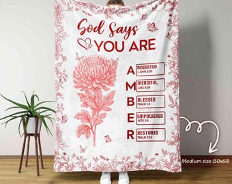 Custom Name Christian Throw Blanket with Bible Verses and Birth Month Flower, Personalized Faith Gift for Women in Red Black Blue