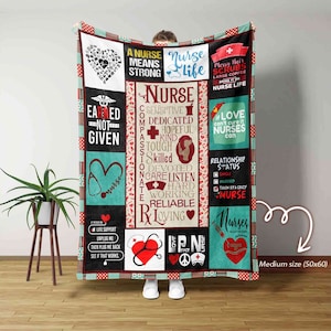 Puede incluir: Una manta de tamaño mediano (127x152 cm) con temática de enfermería, con varios bloques de texto y gráficos. El diseño incluye frases como "Nurse Life", "Earned Not Given" y "If love can't cure it, nurses can". La manta presenta un corazón, un estetoscopio y otros símbolos médicos.