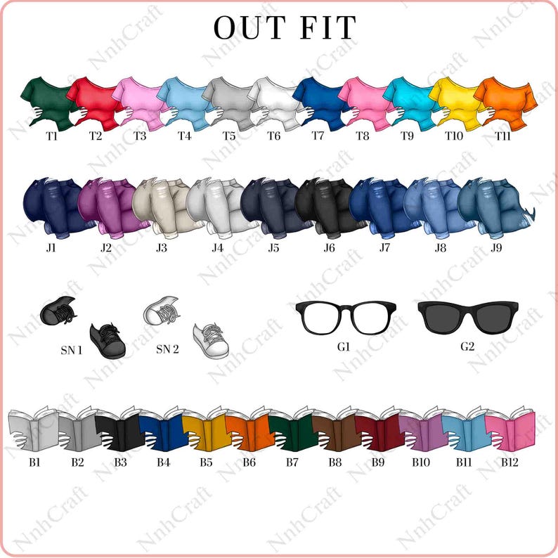May include: An illustration featuring various outfit options, including tops in multiple colors like green, red, and blue, paired with jeans. Accessories include glasses, shoes, and books. The word "OUTFIT" is displayed at the top.