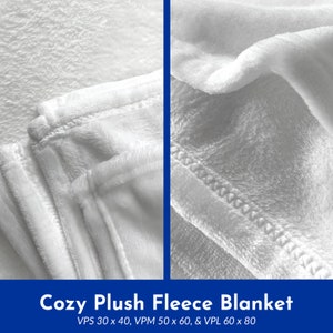 May include: Close-up of a white plush fleece blanket. The blanket is folded and shows the soft texture of the fabric. Cozy Plush Fleece Blanket, VPS 30 x 40, VPM 50 x 60, & VPL 60 x 80.