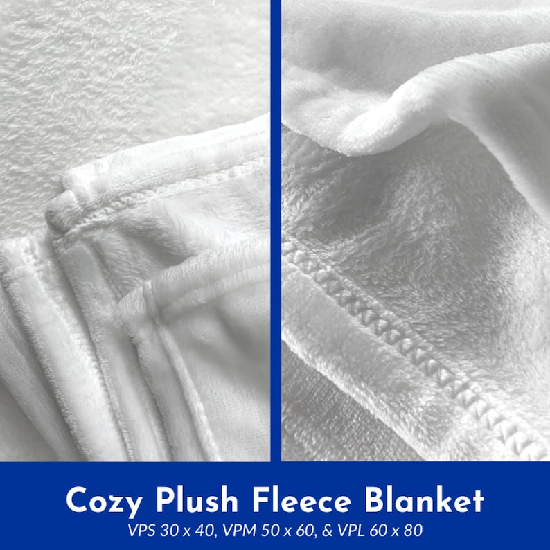 May include: Close-up of a white plush fleece blanket. The blanket is folded and shows the soft texture of the fabric. Cozy Plush Fleece Blanket, VPS 30 x 40, VPM 50 x 60, & VPL 60 x 80.