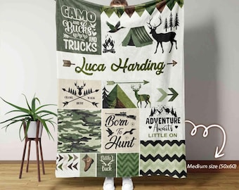 Personalized Hunting Blanket, Hunting Baby Blanket, Green Camo Woodland Themed Blanket, Deer Hunter Baby, Blanket For Baby