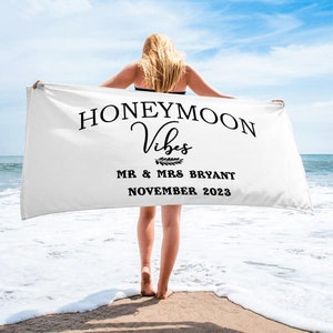 Honeymoon Vibes Beach Towel, Custom Beach Towels, Honeymoon Gift, His and Hers Newlywed Gift, Personalized Wedding Gift, Flower Style Towel