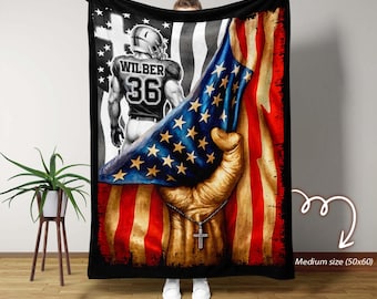 Manta de fútbol personalizada, manta cristiana con la bandera estadounidense, regalo personalizado para jugador, decoración deportiva de EE. UU., regalo para deportista.