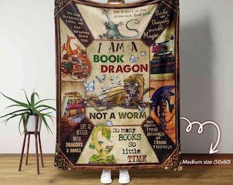 I Am A Book Dragon Blanket, Dragon Blanket, Book Blanket, Reading Blanket, Book Lover Blanket, Reading Lover Gift, Blanket for Reader