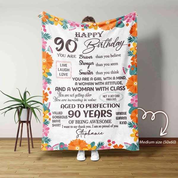 Happy 90th Birthday Blanket, Flower Blanket, Birthday Blanket, Custom Name Blanket, Gift For Women, Great Grandmother Gift