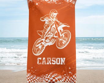 Personalized Motocross Beach Towel, Custom Name Dirt Bike Towel, Motocross Rider Gift, Dirt Bike Racing Towel, Motorcycle Beach Towel