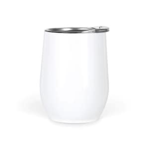 May include: A white, stemless wine tumbler with a silver rim and a matching lid. The tumbler has a smooth, glossy finish and a rounded, ergonomic shape. The design is simple and modern, suitable for various beverages.