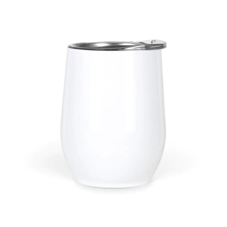 May include: A white, stemless wine tumbler with a silver rim and a matching lid. The tumbler has a smooth, glossy finish and a rounded, ergonomic shape. The design is simple and modern, suitable for various beverages.