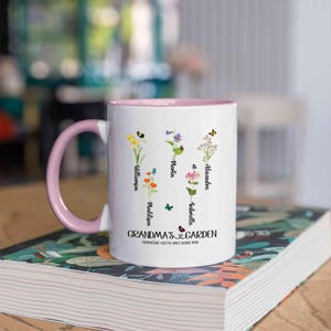 Caneca de flor de nascimento personalizada, caneca de jardim para avó, caneca de flor do mês de nascimento, xícara de café de jardim de avós personalizada com nome, presente de dia das mães