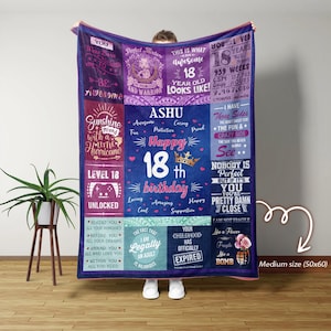 Può includere: Una coperta rettangolare con un collage di pannelli viola e blu con testo bianco che celebra un 18° compleanno. Il design include frasi come Happy 18th birthday, Level 18 unlocked e varie parole descrittive per il destinatario.