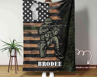 Custom US Military Soldier Blanket, Patriotic American, Army's Lover Gift, Soldier Lover Gift, Thin Green Line Blanket, USA Flag Blanket