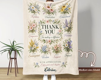 Personalized Thank You Blanket, Teacher Appreciation Gift, Custom Name Floral Throw, Retirement Gift for Teacher, Staff Appreciation Blanket