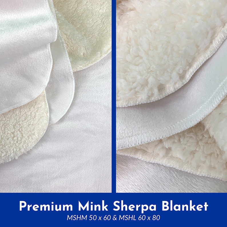 May include: Close-up of a white mink sherpa blanket with a soft, plush texture. The blanket is folded to show the different layers of fabric. The text "Premium Mink Sherpa Blanket" and "MSHM 50 x 60 & MSHL 60 x 80" is visible at the bottom of the image.