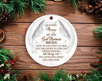 Adorno conmemorativo por la pérdida de un hijo, adorno personalizado de alas de ángel, recuerdo en memoria de un ser querido, adorno navideño de recuerdo.