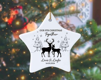 Adorno navideño personalizado para parejas, adorno "Nuestra novena Navidad juntos", adorno de renos para parejas, adorno navideño para parejas