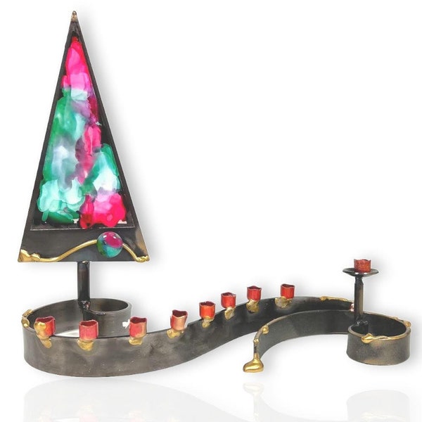 Gary Rosenthal When Holidays Combine, Interfaith Painted Glass Tree Menorah - Traditions Jewish Gifts