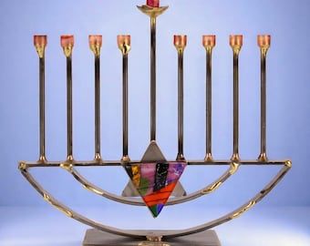 Gary Rosenthal Jewish Star Metal Glass Sculpted Hanukkah Menorah - Traditions Jewish Gifts