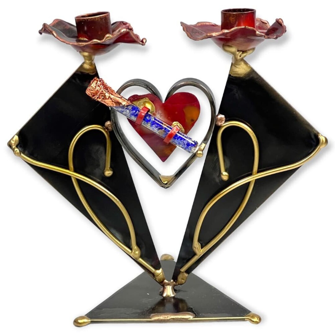 Gary Rosenthal Shabbat Candlesticks With Crushed Wedding Glass Keepsake