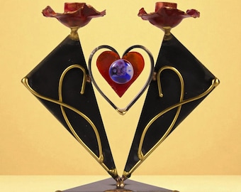 Gary Rosenthal Triangular Shabbat Candlesticks With Heart - Traditions Jewish Gifts
