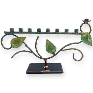 Gary Rosenthal Green Patina Tree Of Life Menorah On Stone - Traditions Jewish Gifts