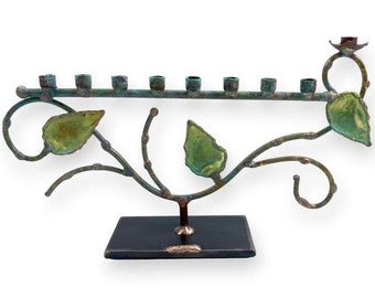 Gary Rosenthal Green Patina Tree Of Life Menorah On Stone - Traditions Jewish Gifts