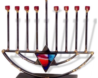 Gary Rosenthal Jewish Star Metal Glass Sculpted Hanukkah Menorah - Traditions Jewish Gifts
