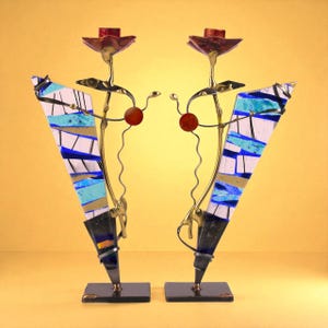 Gary Rosenthal Sabbath Candlesticks With Fused Triangular Glass - Traditions Jewish Gifts