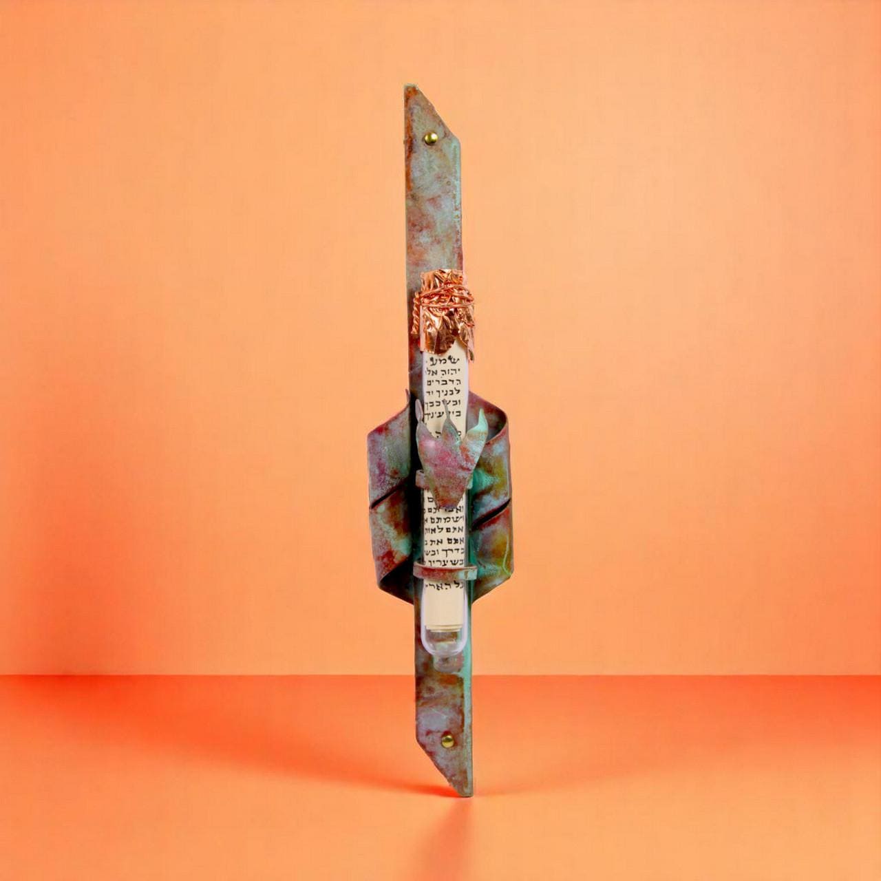 Gary Rosenthal Copper Patina Mezuzah With Curls - Traditions Jewish Gifts