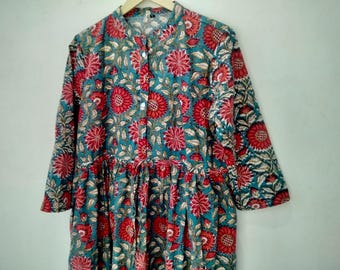 Handmade Block Print Cotton Dress: Indian Floral Blouson Dress