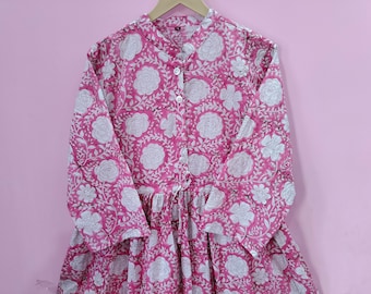 Handblock Cotton Long Dress, Floral Print Indian Dress