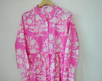 Handblock Print Cotton Dress - Indian Floral Long Dress