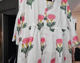 Handblock Print Cotton Dress: Indian Floral Long Dress