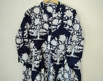 Handblock Print Cotton Maxi Dress, Button Down, Front Open, Navy Blue