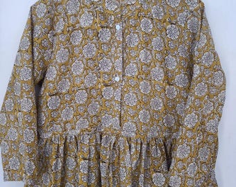 Hand Block Print Cotton Dress: Long Sleeve Summer Shirt Dress