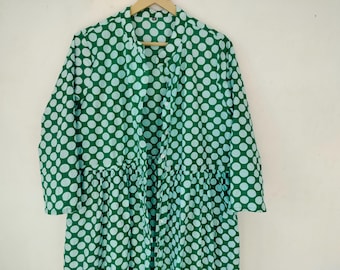 Gifts Handblock Print Cotton Maxi Dress,Button Down Long Dress,Front Open