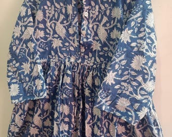 Handblock Print Cotton Dress: Indian Floral Blue Boho Dress