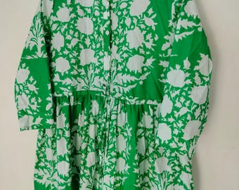 Indian Handblock Print Cotton Maxi Dress,Button Down Long Dress,Front Open