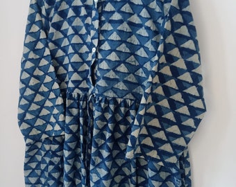 Handblock Print Cotton Dress: Indigo Blue Indian Dress
