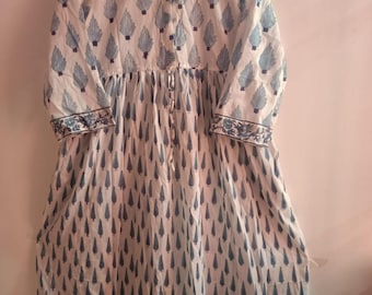 Handblock Print Cotton Dress: Indian Blue Floral, Natural Dye