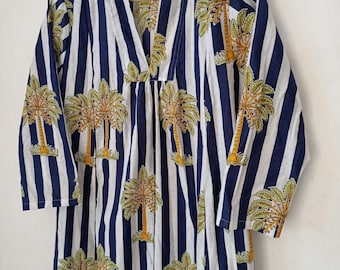 Handblock Print Cotton Dress: Indian Palm Tree Stripe Dress