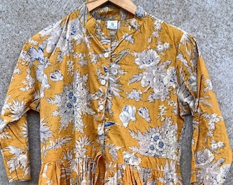 Handmade Cotton Kurti Dress: Floral Block Print Tunic Top