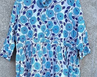 Handmade Cotton Kurti Top: Blue Floral Block Print Tunic