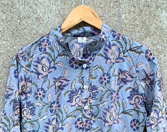 Handmade Cotton Kurti Dress: Blue Floral Block Print Tunic