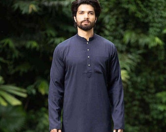 Men's Handmade Cotton Kurta: Traditional Indian Wedding Top Blue