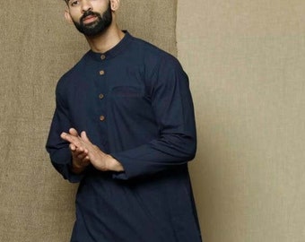 Handmade Indian Men&#39;s Cotton Kurta: Traditional Solid Shirt