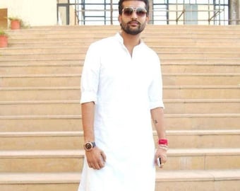 Handmade White Cotton Kurta, Indian Mens Ethnic Tunic Delivered Duty Paid This Item In USA